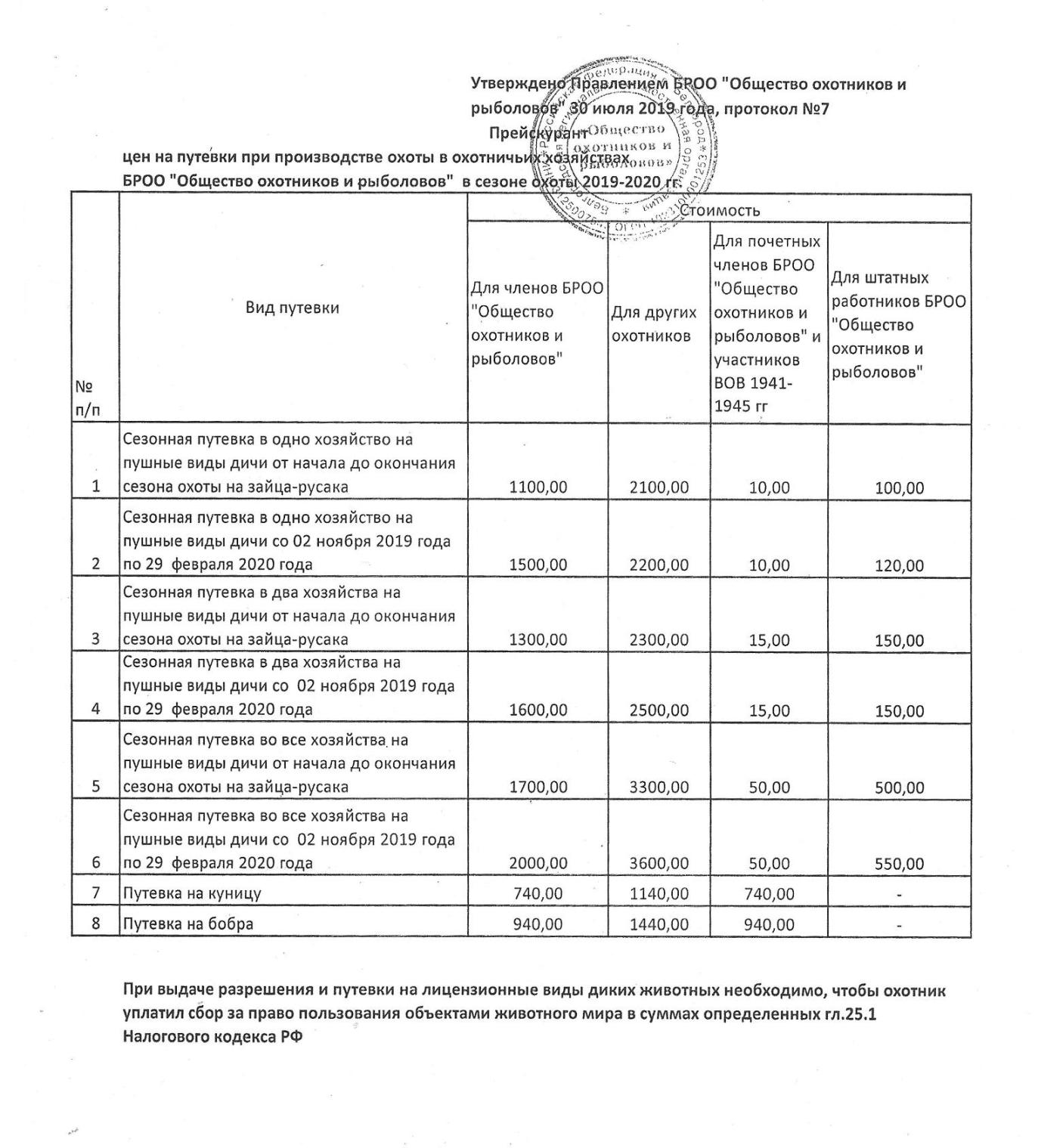 ПРАЙС ЦЕН НА ПУТЕВКИ ПРИ ОХОТЕ НА ПУШНОГО ЗВЕРЯ